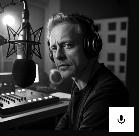 Radio host in a professional studio with headphones and microphone