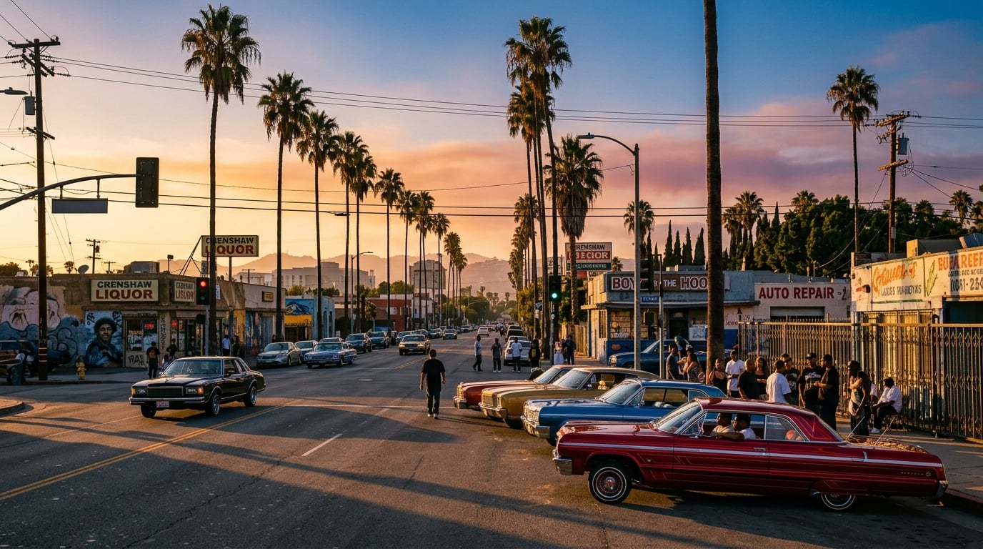 West Coast hip-hop scene with palm trees, lowriders, and golden hour Los Angeles skyline