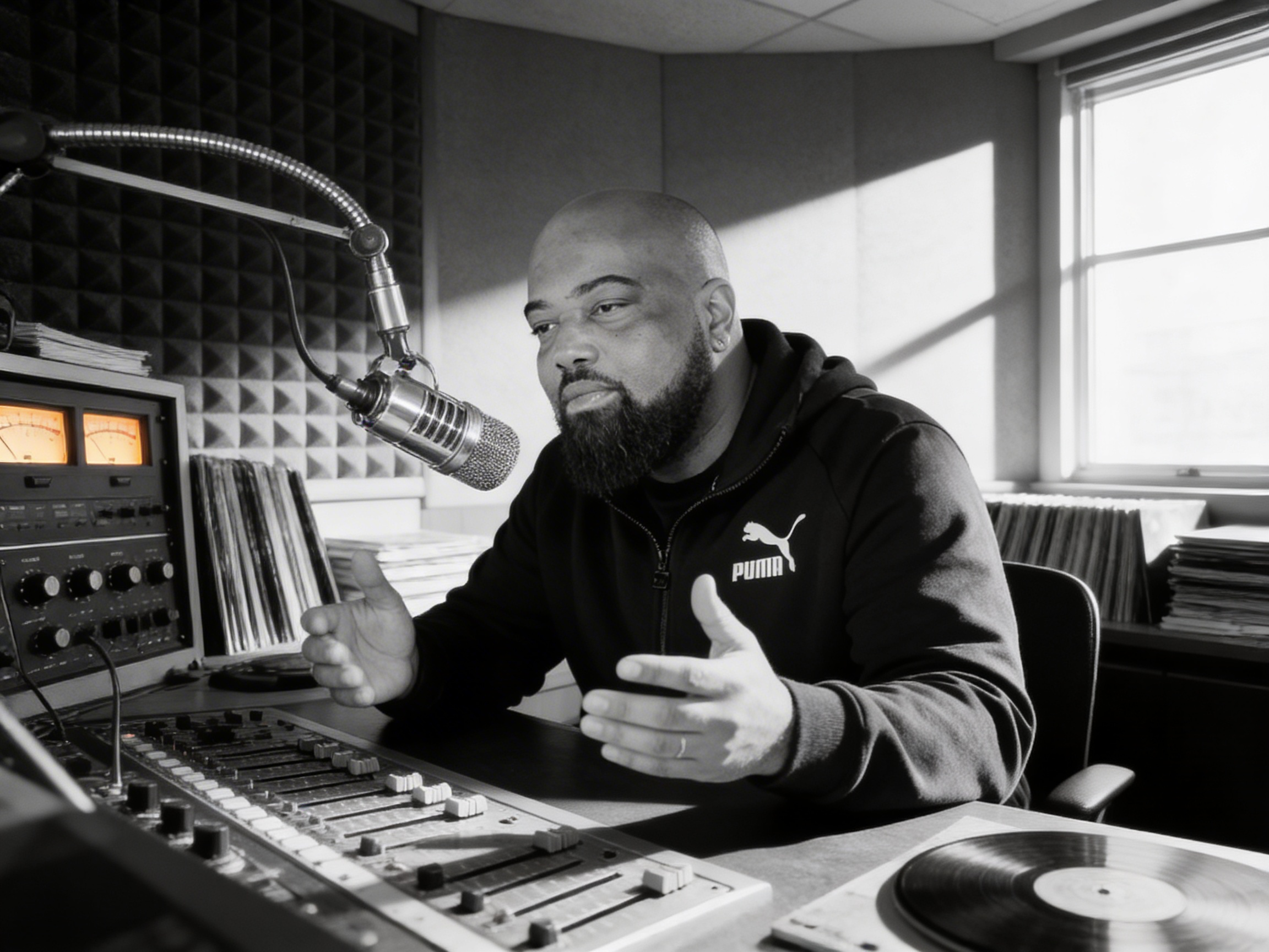 MrBayLeaf broadcasting live at the radio studio mixing board